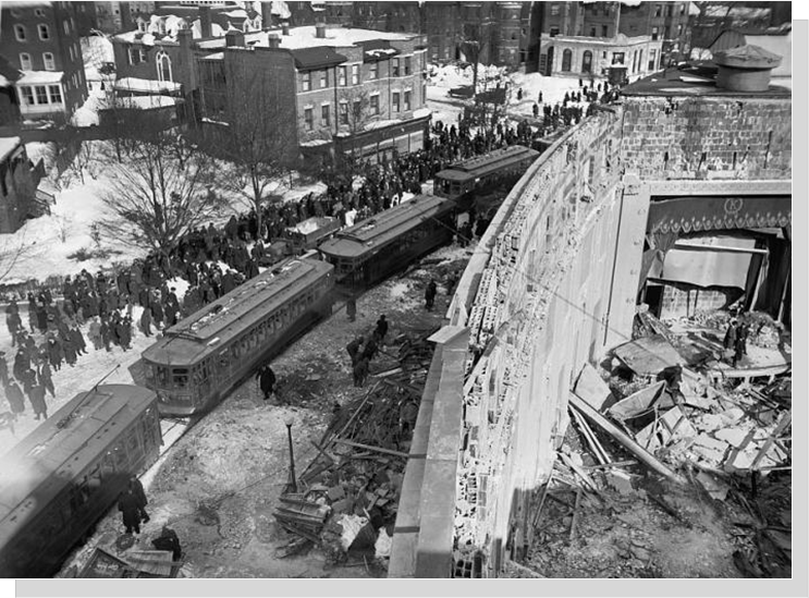  When heavy snow (26”) caused an Adams Morgan theater's roof to collapse at the Knickerbocker, 98 moviegoers were killed in one of the District's worst disasters. Police, firemen, and military personnel rendered aid in the evacuation and rescue.   It was determined that faulty construction was ultimately responsible. 